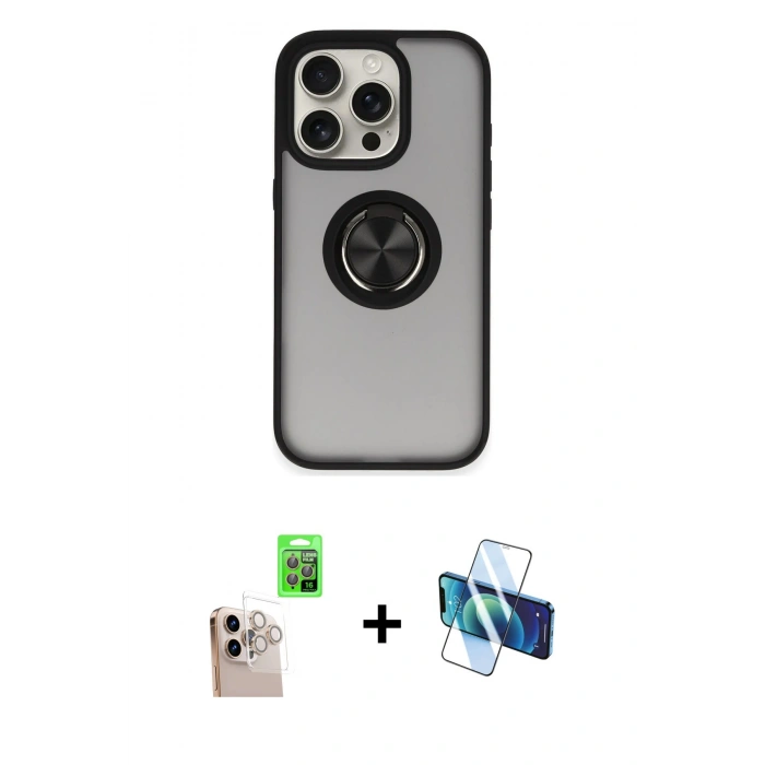 MARSİLYAN™- iPhone 16 Pro Max Kılıf Yörünge Çizgi - Siyah 3D Antistatik Seramik Nano Ekran Koruyucu + Raze Metal Kamera Lens - NLGY
