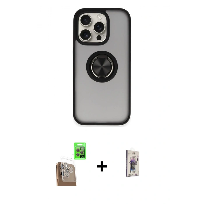 MARSİLYAN™- iPhone 16 Pro Max Kılıf Yörünge Çizgi - Siyah Bilvis 3D Cam Ekran Koruyucu + Çöl Titanyum Raze Metal Kamera Lens