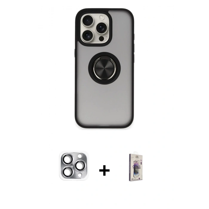 MARSİLYAN™- iPhone 16 Pro Max Kılıf Yörünge Çizgi - Siyah Bilvis 3D Cam Ekran Koruyucu + Pers Alüminyum Kamera Lens - GI