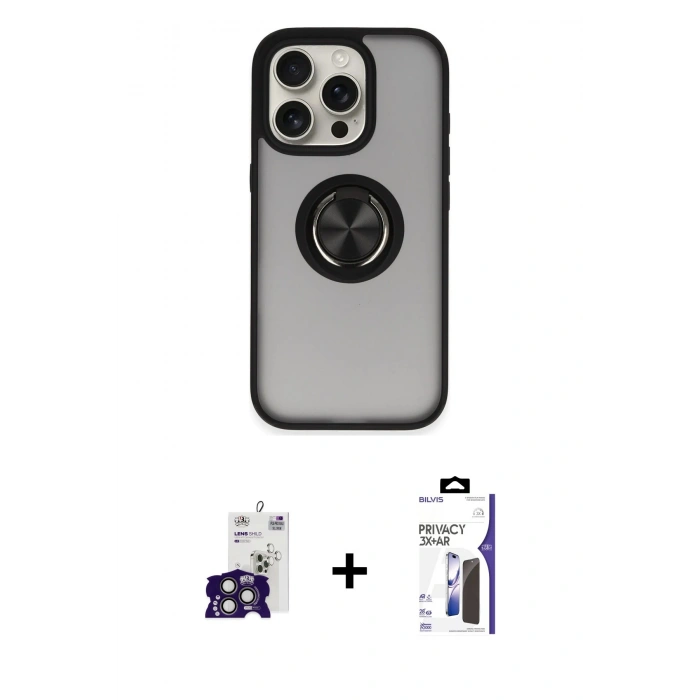 MARSİLYAN™- iPhone 16 Pro Max Kılıf Yörünge Çizgi - Siyah Bilvis 3X AR Hayalet Cam Ekran Koruyucu + Bilvis Titan Kamera Lens - TMGI