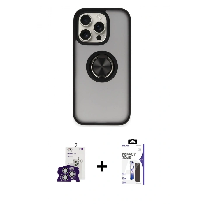 MARSİLYAN™- iPhone 16 Pro Max Kılıf Yörünge Çizgi - Siyah Bilvis 3X AR Hayalet Cam Ekran Koruyucu + Bilvis Titan Kamera Lens - GS