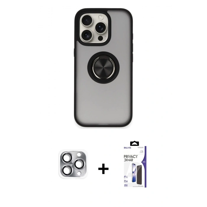 MARSİLYAN™- iPhone 16 Pro Max Kılıf Yörünge Çizgi - Siyah Bilvis 3X AR Hayalet Cam Ekran Koruyucu + Pers Alüminyum Kamera Lens - GI