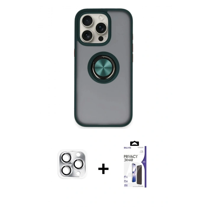 MARSİLYAN™- iPhone 16 Pro Max Kılıf Yörünge Çizgi - Siyah Bilvis 3X AR Hayalet Cam Ekran Koruyucu + Pers Alüminyum Kamera Lens - GS