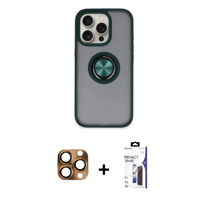 MARSİLYAN™- iPhone 16 Pro Max Kılıf Yörünge Çizgi - Siyah Bilvis 3X AR Hayalet Cam Ekran Koruyucu + Pers Alüminyum Kamera Lens - CLTM