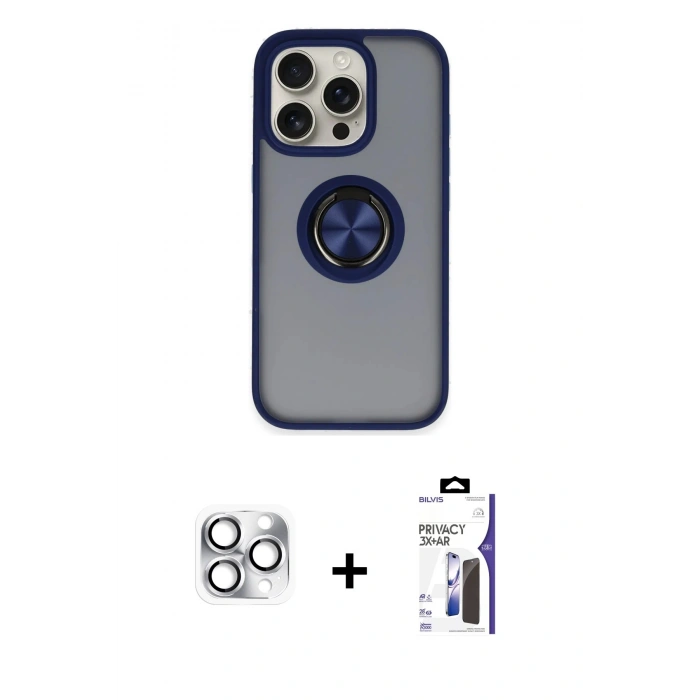 MARSİLYAN™- iPhone 16 Pro Max Kılıf Yörünge Çizgi - Siyah Bilvis 3X AR Hayalet Cam Ekran Koruyucu + Pers Alüminyum Kamera Lens - GS