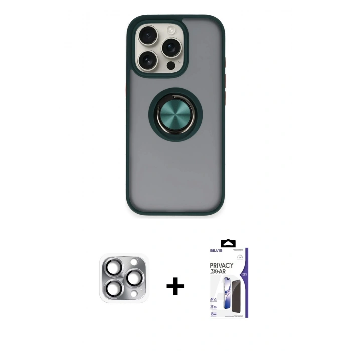 MARSİLYAN™- iPhone 16 Pro Max Kılıf Yörünge Çizgi - Siyah Bilvis 3X AR Hayalet Cam Ekran Koruyucu + Pers Alüminyum Kamera Lens - GI