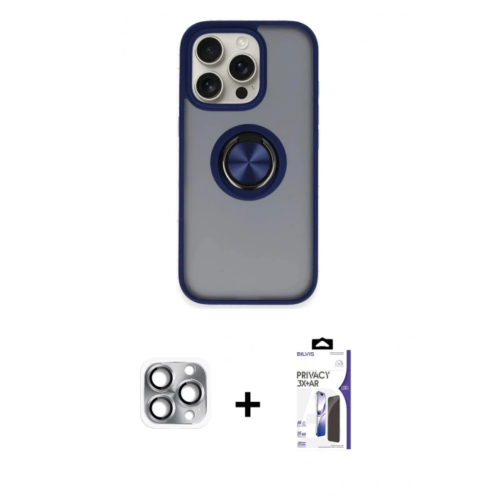 MARSİLYAN™- iPhone 16 Pro Max Kılıf Yörünge Çizgi - Siyah Bilvis 3X AR Hayalet Cam Ekran Koruyucu + Pers Alüminyum Kamera Lens - GI