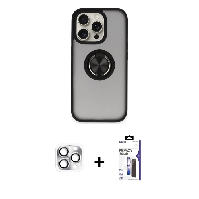MARSİLYAN™- iPhone 16 Pro Max Kılıf Yörünge Çizgi - Siyah Bilvis 3X AR Hayalet Cam Ekran Koruyucu + Pers Alüminyum Kamera Lens - GS