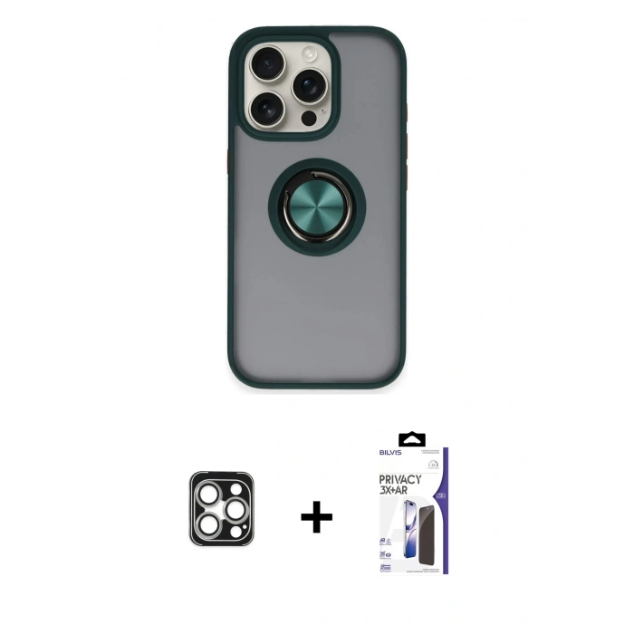 MARSİLYAN™- iPhone 16 Pro Max Kılıf Yörünge Çizgi - Siyah Bilvis 3X AR Hayalet Cam Ekran Koruyucu + PVD Metal Kamera Lens - GS