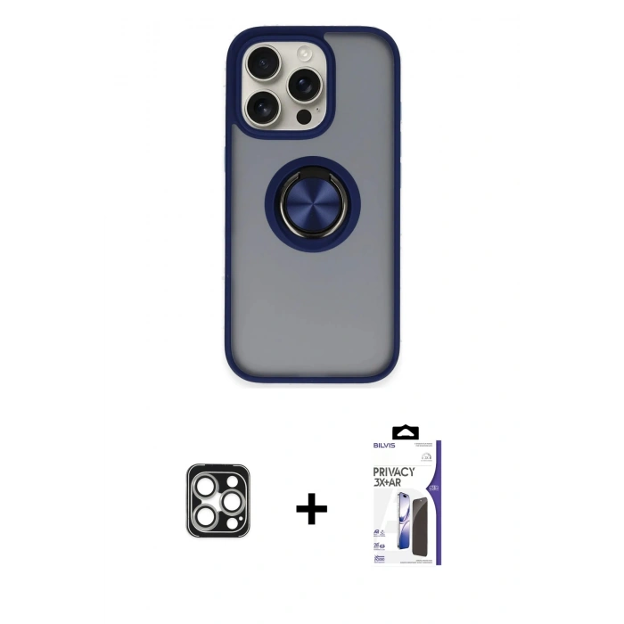 MARSİLYAN™- iPhone 16 Pro Max Kılıf Yörünge Çizgi - Siyah Bilvis 3X AR Hayalet Cam Ekran Koruyucu + PVD Metal Kamera Lens - GS