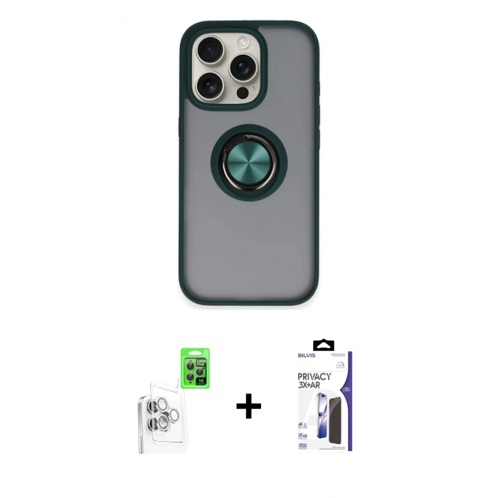 MARSİLYAN™- iPhone 16 Pro Max Kılıf Yörünge Çizgi - Siyah Bilvis 3X AR Hayalet Cam Ekran Koruyucu + Raze Metal Kamera Lens - BZ