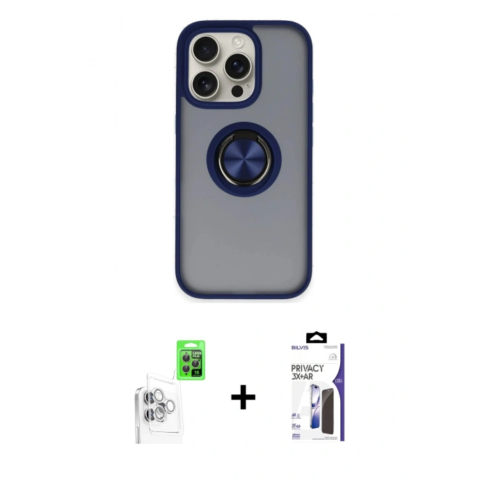 MARSİLYAN™- iPhone 16 Pro Max Kılıf Yörünge Çizgi - Siyah Bilvis 3X AR Hayalet Cam Ekran Koruyucu + Raze Metal Kamera Lens - BZ