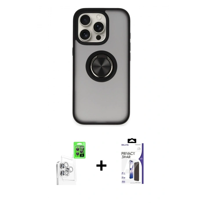 MARSİLYAN™- iPhone 16 Pro Max Kılıf Yörünge Çizgi - Siyah Bilvis 3X AR Hayalet Cam Ekran Koruyucu + Raze Metal Kamera Lens - BZ