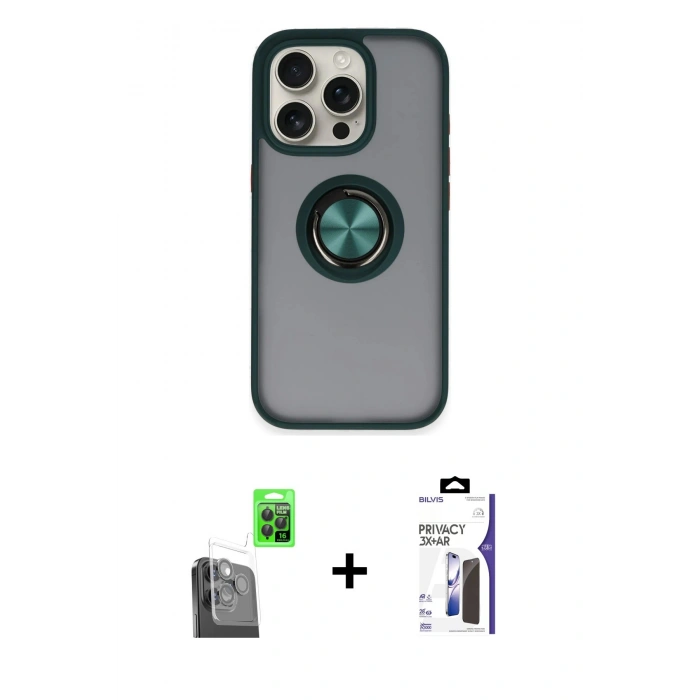 MARSİLYAN™- iPhone 16 Pro Max Kılıf Yörünge Çizgi - Siyah Bilvis 3X AR Hayalet Cam Ekran Koruyucu + Raze Metal Kamera Lens - SH