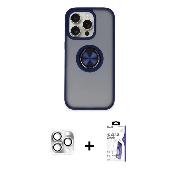 MARSİLYAN™- iPhone 16 Pro Max Kılıf Yörünge Çizgi - Siyah Bilvis 3X AR HD Cam Ekran Koruyucu + Pers Alüminyum Kamera Lens - GS