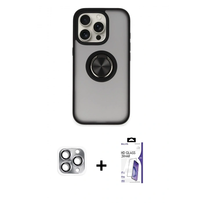 MARSİLYAN™- iPhone 16 Pro Max Kılıf Yörünge Çizgi - Siyah Bilvis 3X AR HD Cam Ekran Koruyucu + Pers Alüminyum Kamera Lens - GI