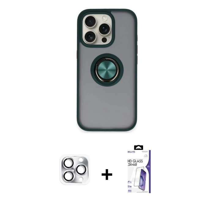 MARSİLYAN™- iPhone 16 Pro Max Kılıf Yörünge Çizgi - Siyah Bilvis 3X AR HD Cam Ekran Koruyucu + Pers Alüminyum Kamera Lens - GS