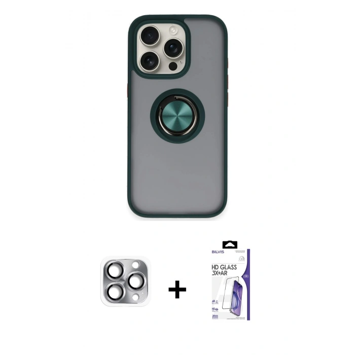 MARSİLYAN™- iPhone 16 Pro Max Kılıf Yörünge Çizgi - Siyah Bilvis 3X AR HD Cam Ekran Koruyucu + Pers Alüminyum Kamera Lens - GI
