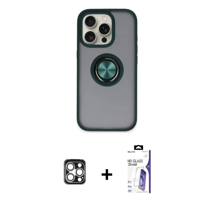 MARSİLYAN™- iPhone 16 Pro Max Kılıf Yörünge Çizgi - Siyah Bilvis 3X AR HD Cam Ekran Koruyucu + PVD Metal Kamera Lens - GS