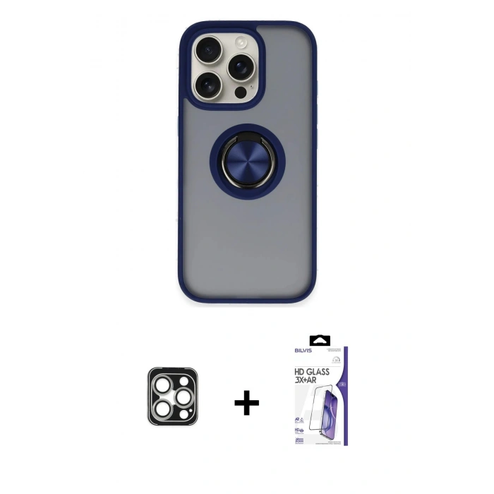 MARSİLYAN™- iPhone 16 Pro Max Kılıf Yörünge Çizgi - Siyah Bilvis 3X AR HD Cam Ekran Koruyucu + PVD Metal Kamera Lens - GS