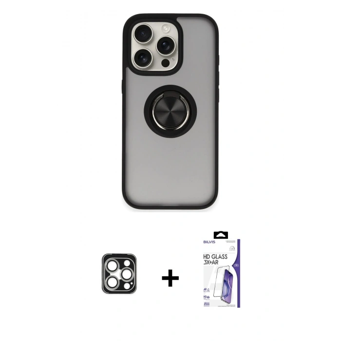 MARSİLYAN™- iPhone 16 Pro Max Kılıf Yörünge Çizgi - Siyah Bilvis 3X AR HD Cam Ekran Koruyucu + PVD Metal Kamera Lens - GS