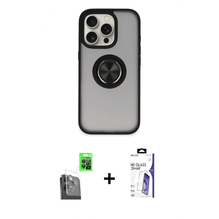 MARSİLYAN™- iPhone 16 Pro Max Kılıf Yörünge Çizgi - Siyah Bilvis 3X AR HD Cam Ekran Koruyucu + Raze Metal Kamera Lens - SH