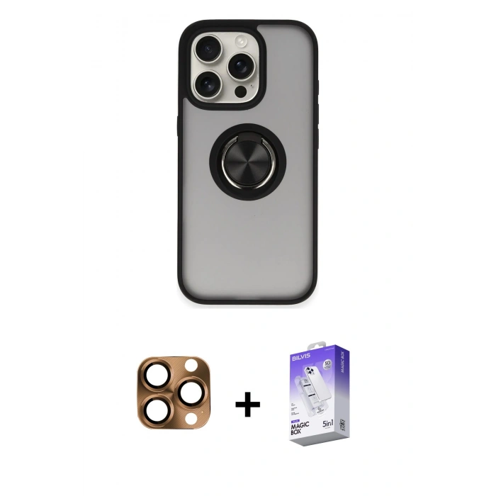 MARSİLYAN™- iPhone 16 Pro Max Kılıf Yörünge Çizgi - Siyah Bilvis 5in1 3D Magic Cam Ekran Koruyucu + Pers Alüminyum Kamera Lens - CLTM