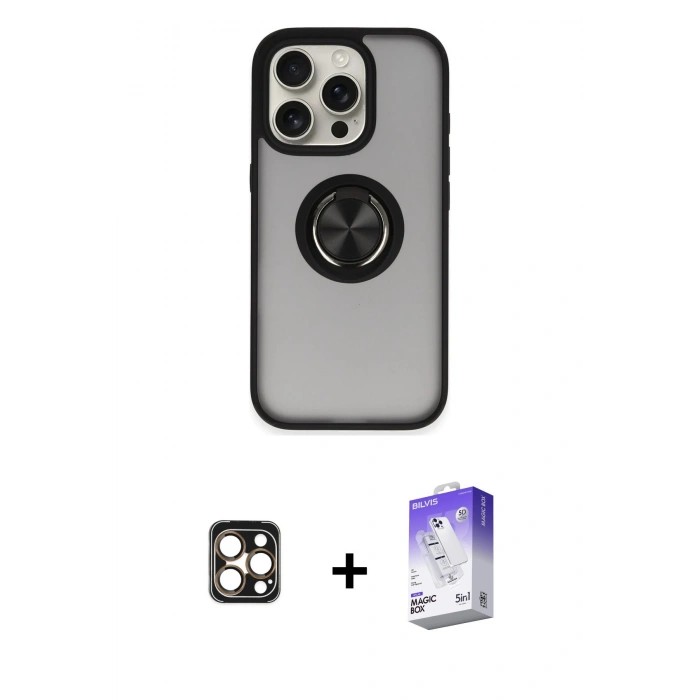 MARSİLYAN™- iPhone 16 Pro Max Kılıf Yörünge Çizgi - Siyah Bilvis 5in1 3D Magic Cam Ekran Koruyucu + PVD Metal Kamera Lens - GD