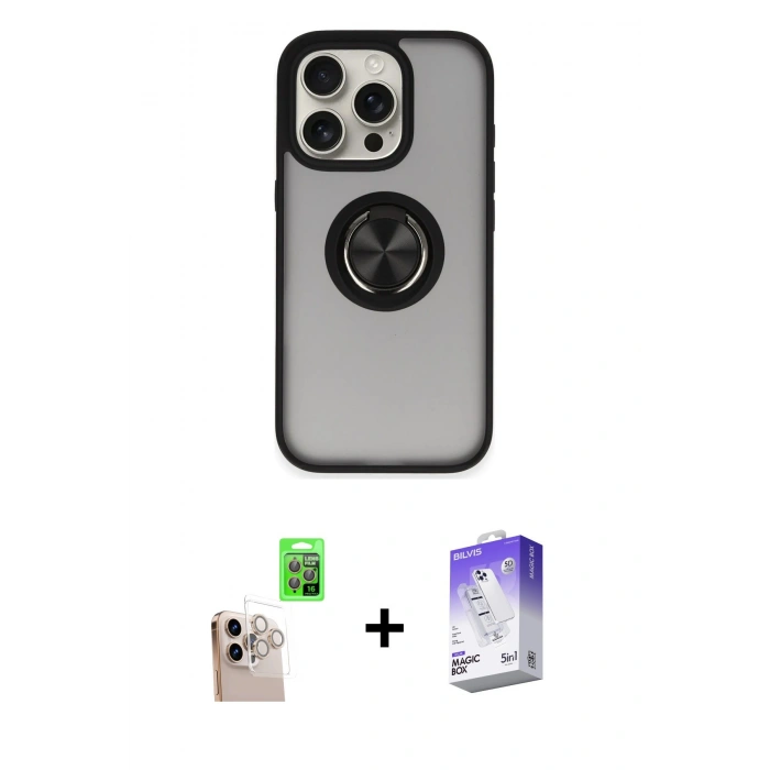 MARSİLYAN™- iPhone 16 Pro Max Kılıf Yörünge Çizgi - Siyah Bilvis 5in1 3D Magic Cam Ekran Koruyucu + Raze Metal Kamera Lens - NLGY