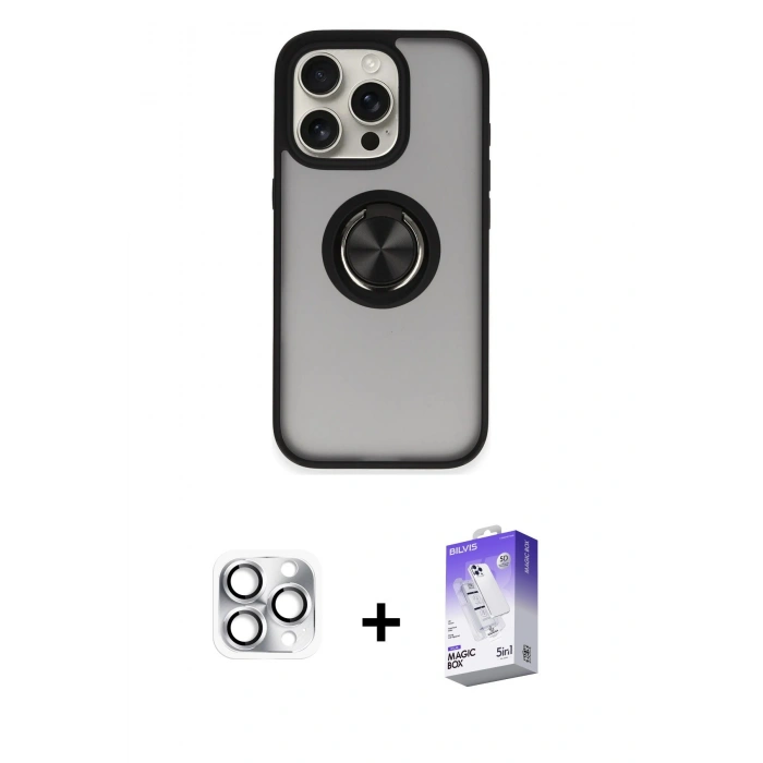 MARSİLYAN™- iPhone 16 Pro Max Kılıf Yörünge Çizgi - Siyah Bilvis 5in1 3D Magic Cam Ekran Koruyucu + Pers Alüminyum Kamera Lens - GS