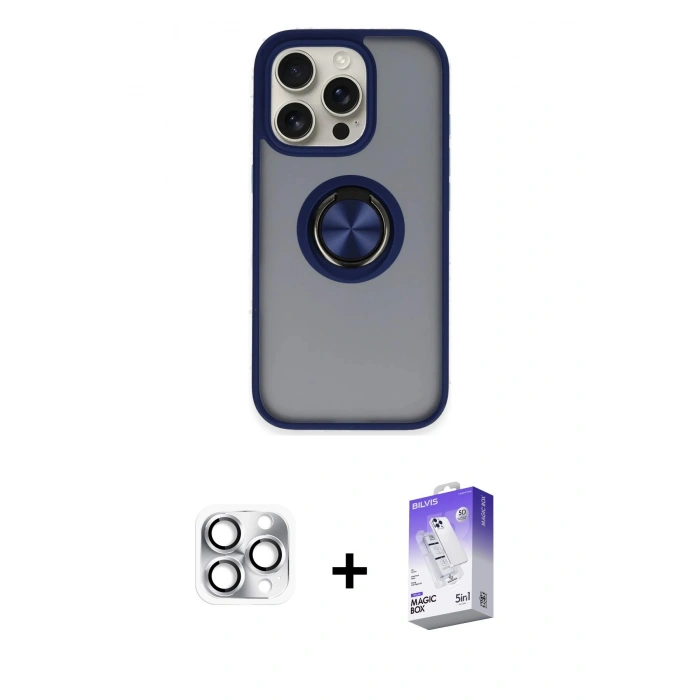 MARSİLYAN™- iPhone 16 Pro Max Kılıf Yörünge Çizgi - Siyah Bilvis 5in1 3D Magic Cam Ekran Koruyucu + Pers Alüminyum Kamera Lens - GS