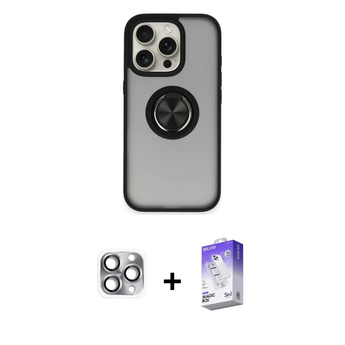 MARSİLYAN™- iPhone 16 Pro Max Kılıf Yörünge Çizgi - Siyah Bilvis 5in1 3D Magic Cam Ekran Koruyucu + Pers Alüminyum Kamera Lens - GI