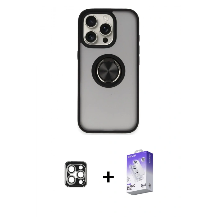 MARSİLYAN™- iPhone 16 Pro Max Kılıf Yörünge Çizgi - Siyah Bilvis 5in1 3D Magic Cam Ekran Koruyucu + PVD Metal Kamera Lens - GS