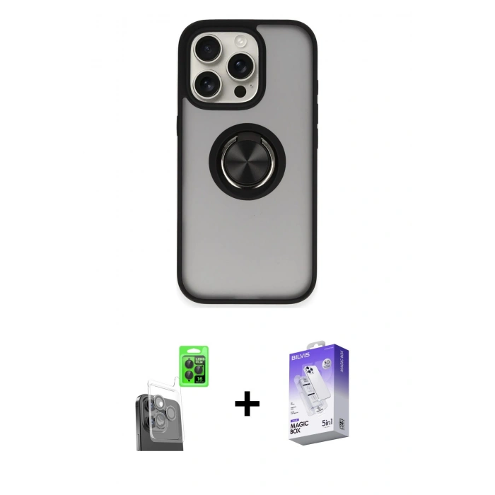 MARSİLYAN™- iPhone 16 Pro Max Kılıf Yörünge Çizgi - Siyah Bilvis 5in1 3D Magic Cam Ekran Koruyucu + Raze Metal Kamera Lens - SH