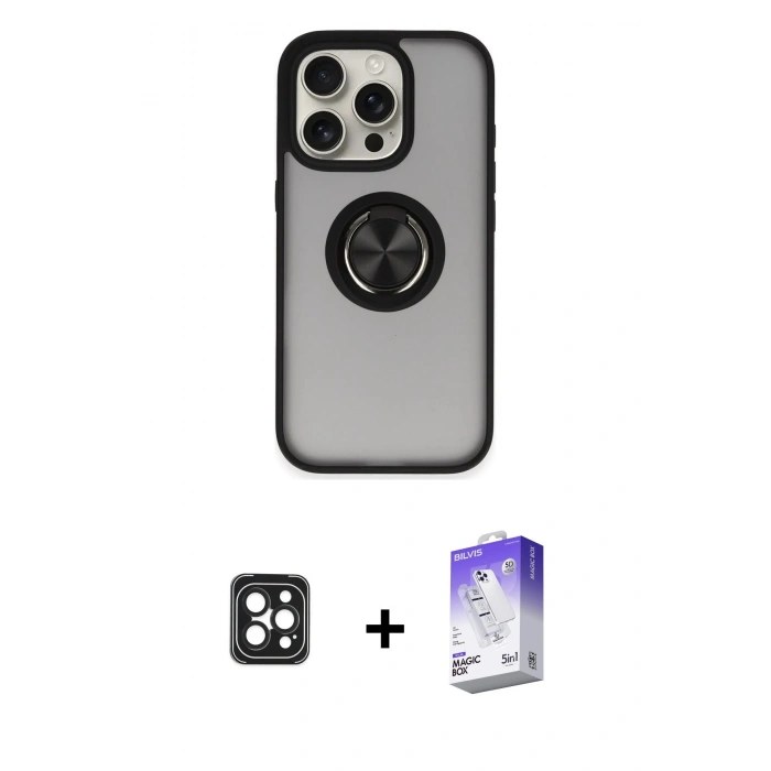 MARSİLYAN™- iPhone 16 Pro Max Kılıf Yörünge Çizgi - Siyah Bilvis 5in1 3D Magic Cam Ekran Koruyucu + PVD Metal Kamera Lens - SH