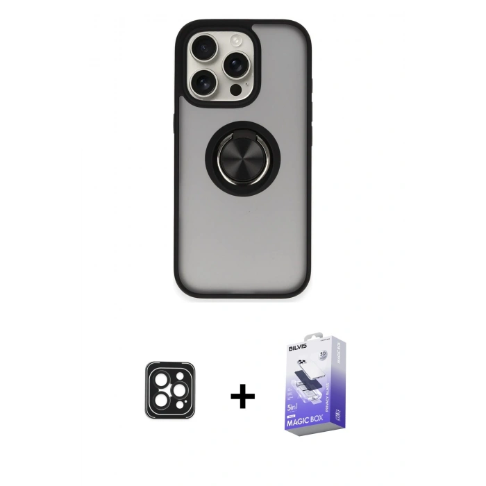 MARSİLYAN™- iPhone 16 Pro Max Kılıf Yörünge Çizgi - Siyah Bilvis 5in1 5D Magic Hayalet Cam Ekran Koruyucu + PVD Metal Kamera Lens - SH
