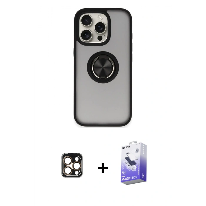 MARSİLYAN™- iPhone 16 Pro Max Kılıf Yörünge Çizgi - Siyah Bilvis 5in1 5D Magic Hayalet Cam Ekran Koruyucu + PVD Metal Kamera Lens - GD
