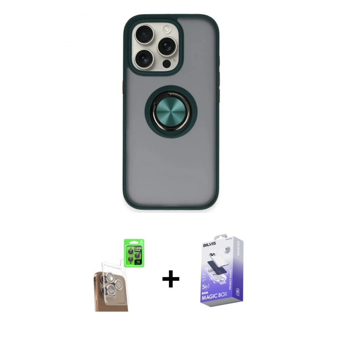 MARSİLYAN™- iPhone 16 Pro Max Kılıf Yörünge Çizgi - Siyah Bilvis 5in1 5D Magic Hayalet Cam Ekran Koruyucu + Raze Metal Kamera Lens - CLTM