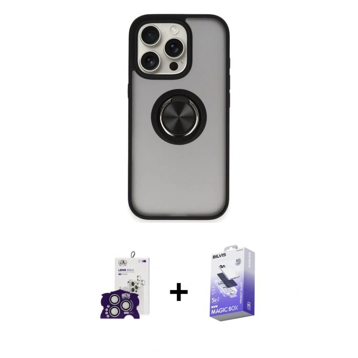MARSİLYAN™- iPhone 16 Pro Max Kılıf Yörünge Çizgi - Siyah Bilvis 5in1 5D Magic Hayalet Cam Ekran Koruyucu + Bilvis Titan Kamera Lens - GS