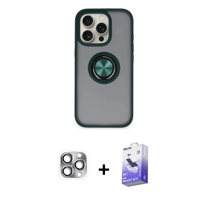 MARSİLYAN™- iPhone 16 Pro Max Kılıf Yörünge Çizgi - Siyah Bilvis 5in1 5D Magic Hayalet Cam Ekran Koruyucu + Pers Alüminyum Kamera Lens - GI