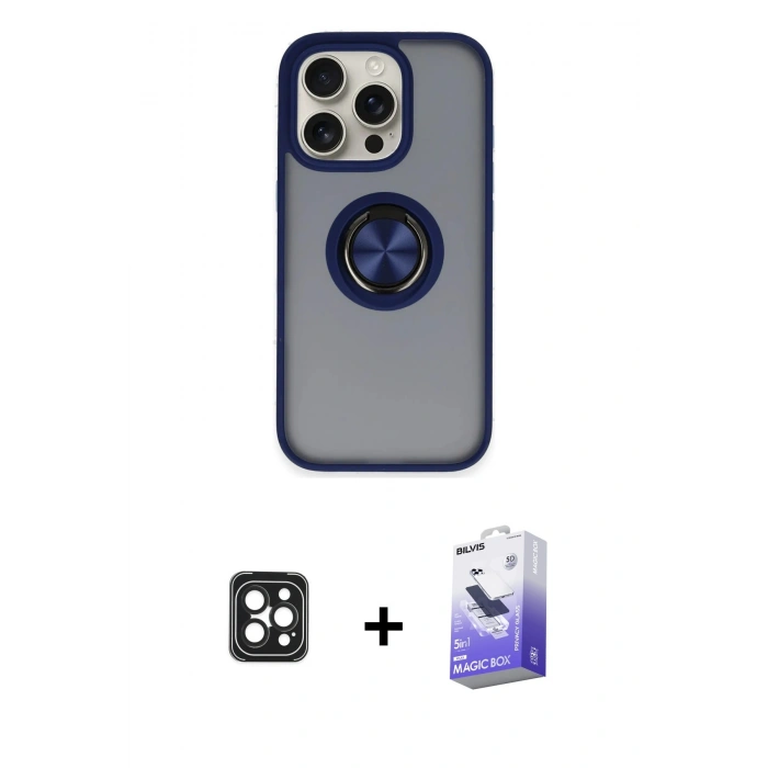 MARSİLYAN™- iPhone 16 Pro Max Kılıf Yörünge Çizgi - Siyah Bilvis 5in1 5D Magic Hayalet Cam Ekran Koruyucu + PVD Metal Kamera Lens - SH