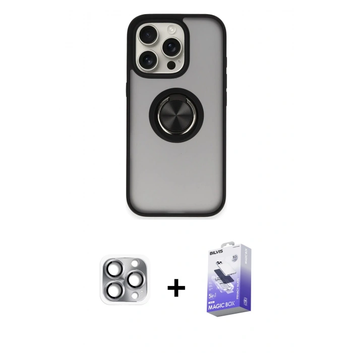 MARSİLYAN™- iPhone 16 Pro Max Kılıf Yörünge Çizgi - Siyah Bilvis 5in1 5D Magic Hayalet Cam Ekran Koruyucu + Pers Alüminyum Kamera Lens - GI