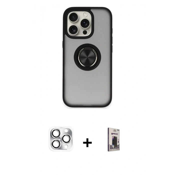 MARSİLYAN™- iPhone 16 Pro Max Kılıf Yörünge Çizgi - Siyah Bilvis Hayalet Cam Ekran Koruyucu + Pers Alüminyum Kamera Lens - GS