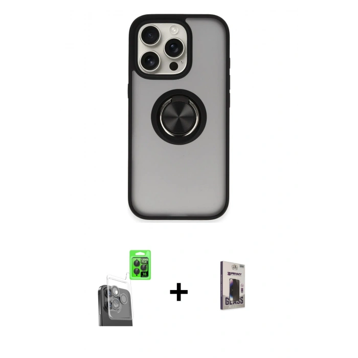 MARSİLYAN™- iPhone 16 Pro Max Kılıf Yörünge Çizgi - Siyah Bilvis Hayalet Cam Ekran Koruyucu + Siyah Raze Metal Kamera Lens