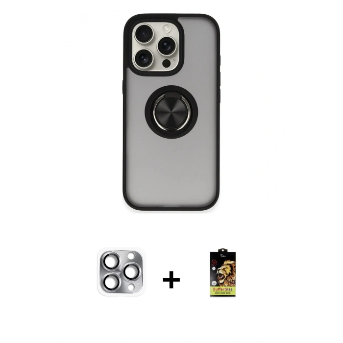 MARSİLYAN™- iPhone 16 Pro Max Kılıf Yörünge Çizgi - Siyah Buffer Cam Ekran Koruyucu + Pers Alüminyum Kamera Lens - GI