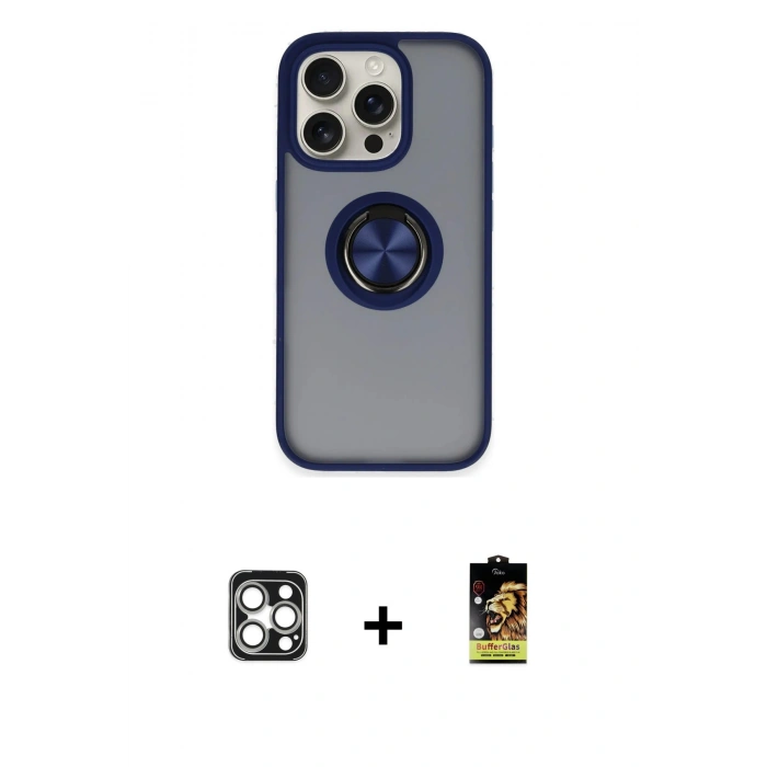 MARSİLYAN™- iPhone 16 Pro Max Kılıf Yörünge Çizgi - Siyah Buffer Cam Ekran Koruyucu + Gümüş PVD Metal Kamera Lens