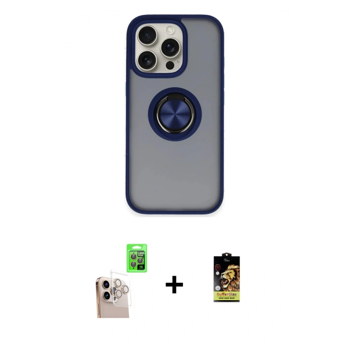 MARSİLYAN™- iPhone 16 Pro Max Kılıf Yörünge Çizgi - Siyah Buffer Cam Ekran Koruyucu + Natural Grey Raze Metal Kamera Lens