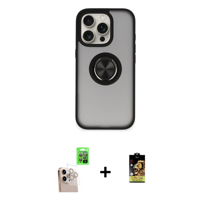 MARSİLYAN™- iPhone 16 Pro Max Kılıf Yörünge Çizgi - Siyah Buffer Cam Ekran Koruyucu + Natural Grey Raze Metal Kamera Lens