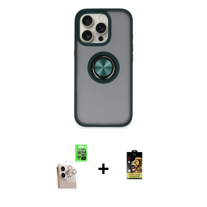 MARSİLYAN™- iPhone 16 Pro Max Kılıf Yörünge Çizgi - Siyah Buffer Cam Ekran Koruyucu + Natural Grey Raze Metal Kamera Lens