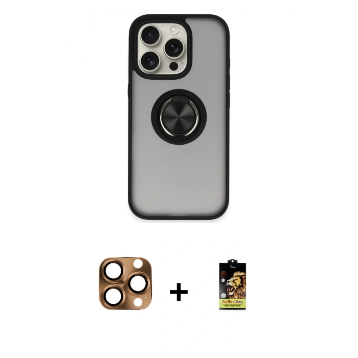 MARSİLYAN™- iPhone 16 Pro Max Kılıf Yörünge Çizgi - Siyah Buffer Cam Ekran Koruyucu + Pers Alüminyum Kamera Lens - CLTM
